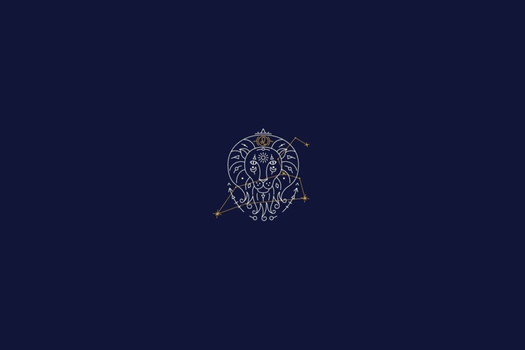 ilustração branca de um leão representando o signo de leão sobre fundo azul-escuro
