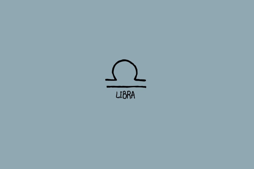 Ilustração do signo de libra em um fundo cinza com o nome do signo embaixo