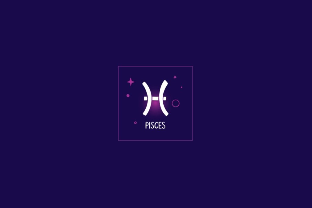 Ilustração do signo de peixes, em um fundo azul-escuro, rodeado por estrelas rosa e um quadrado da mesma cor