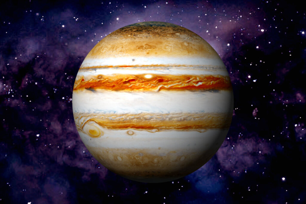 Ilustração do planeta Júpiter no espaço com estrelas ao fundo