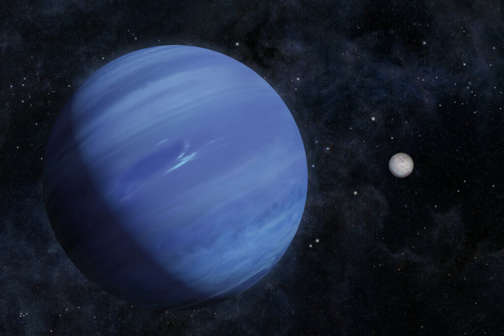 Ilustração do planeta Netuno azul no espaço com estrelas ao fundo