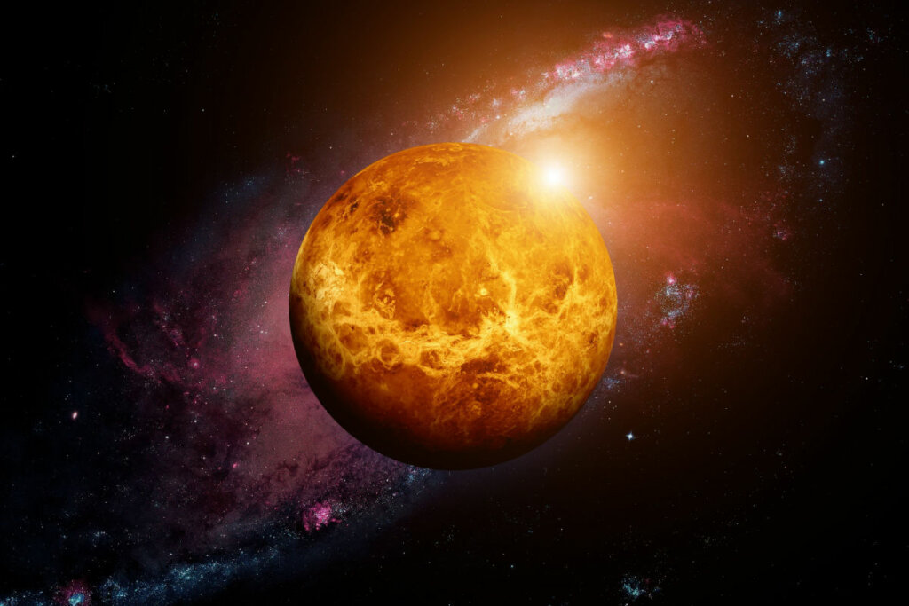 Ilustração do planeta Vênus com uma luz amarela do lado  no espaço com estrelas ao fundo