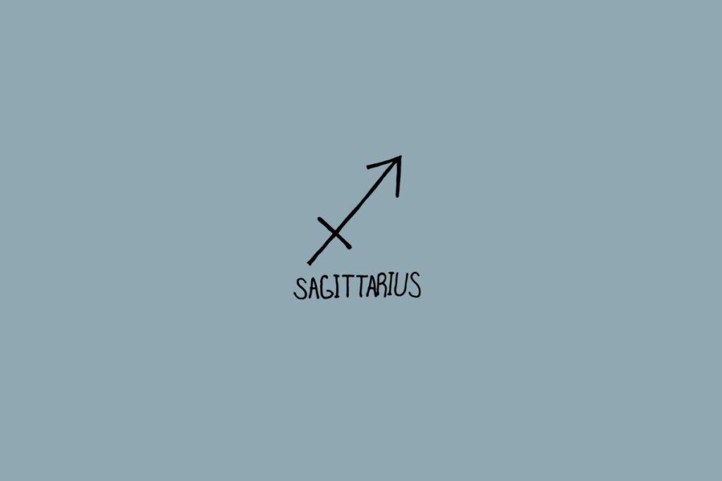 Ilustração do signo de sagitário em um fundo cinza com o nome do signo embaixo