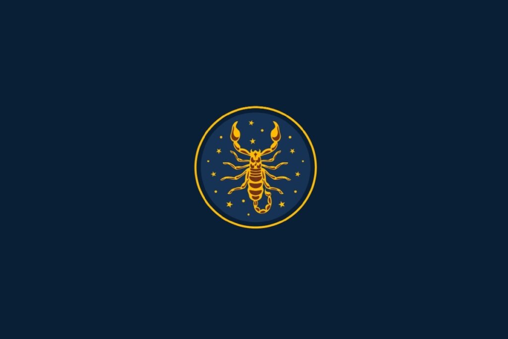 Ilustração do signo de Escorpião em amarelo sobre um fundo azul