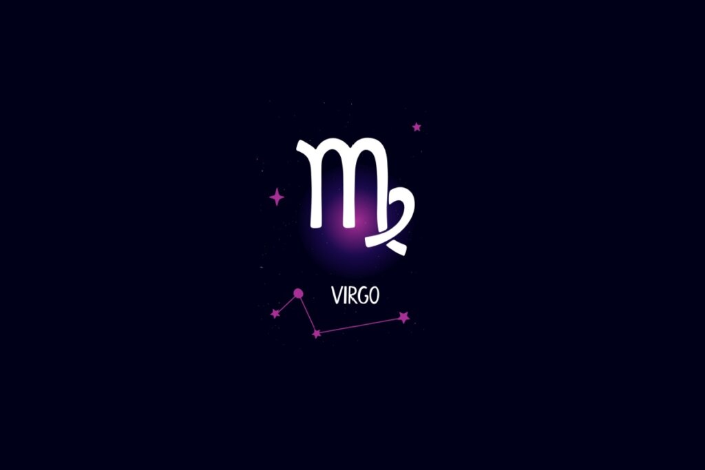 Ilustração do signo de Virgem, na cor branca, em um fundo azul-escuro, com estrelas roxas ao redor