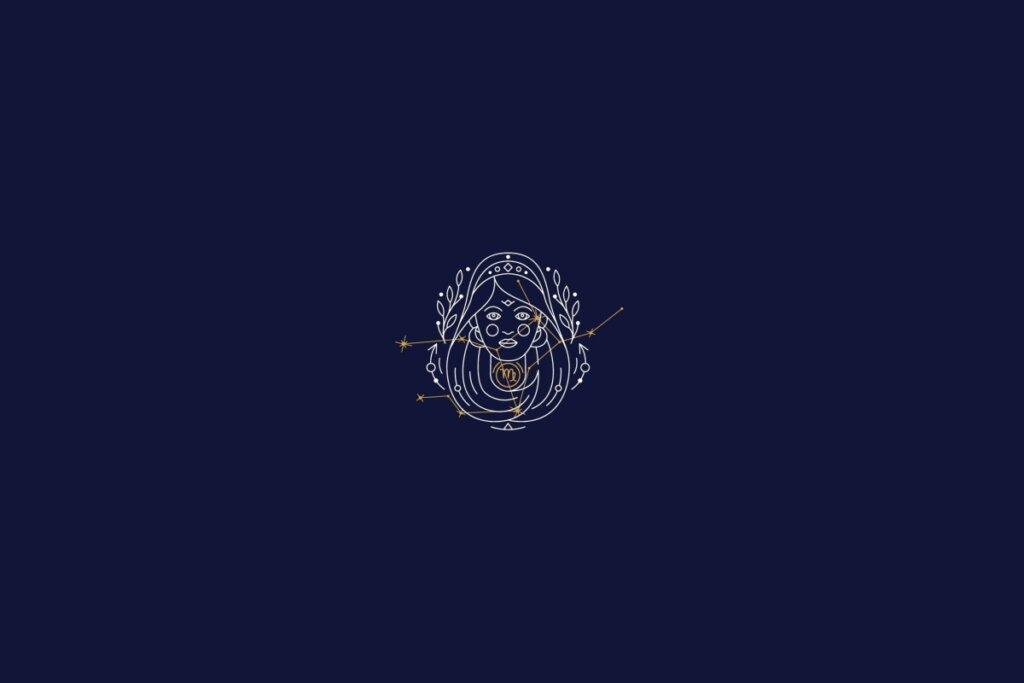 ilustração branca de uma mulher representando o signo de virgem sobre fundo azul-escuro