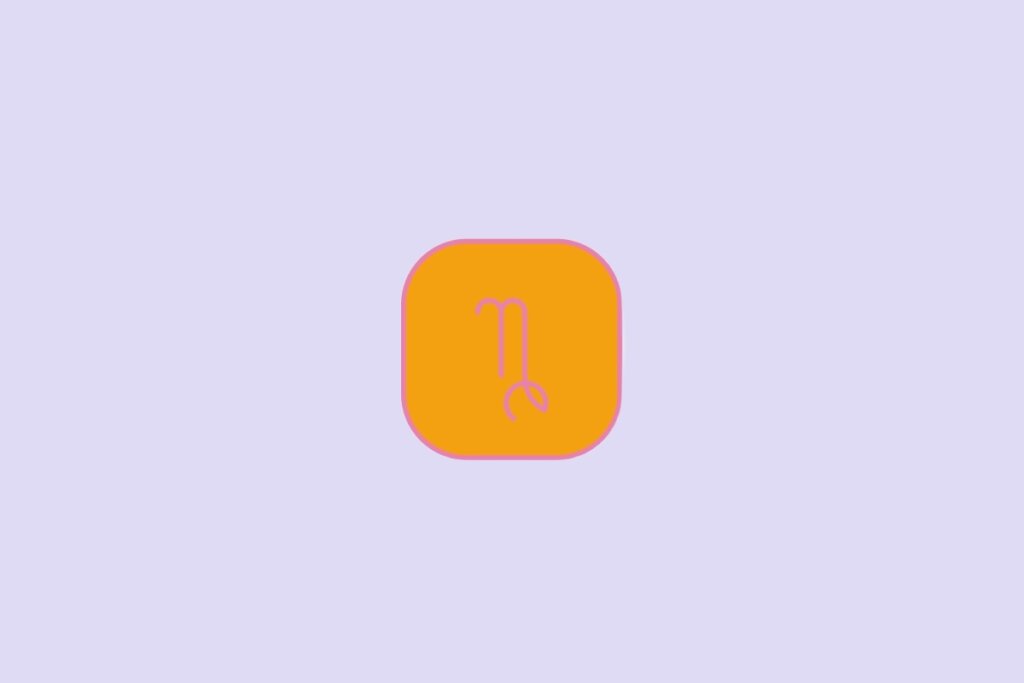 Ícone representando o signo de Capricórnio em fundo laranja, com símbolo rosa estilizado lembrando um "N" e uma curva no final