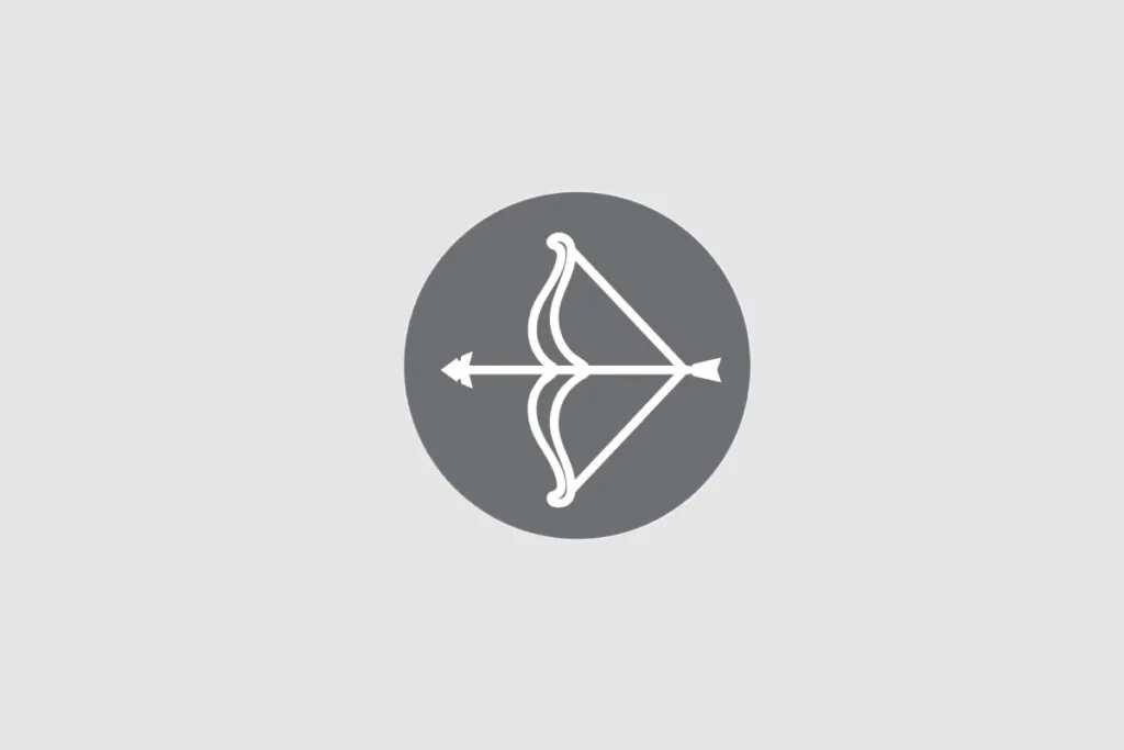 Ilustração do signo de Sagitário contendo um arco com flecha esticada, em um fundo cinza