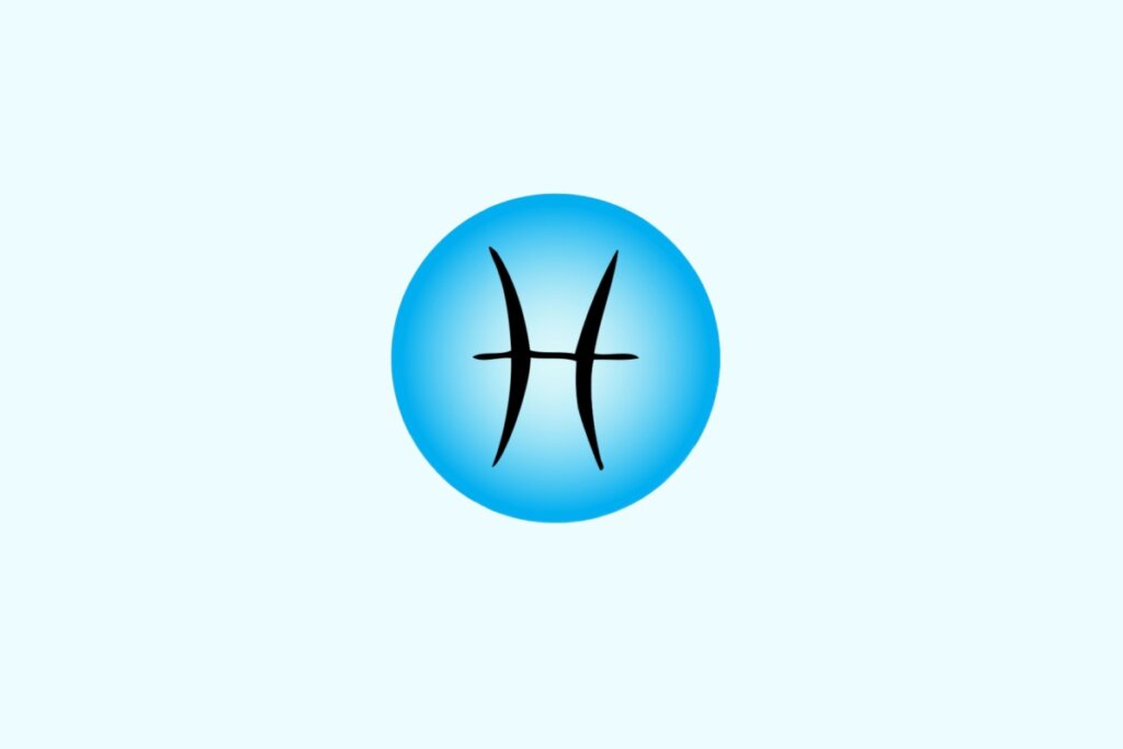 Ilustração do signo de Peixes contendo o símbolo com duas curvas verticais opostas unidas por um traço horizontal central, em fundo azul-claro