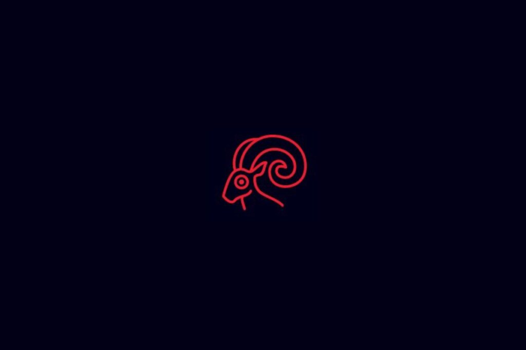ilustração de um carneiro vermelho representando o signo de áries sobre fundo azul-escuro