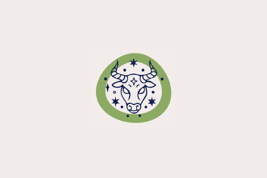 Ilustração do signo de Touro, em fundo bege-claro, contendo uma cabeça de touro com expressão firme e chifres alongados dentro de uma moldura verde com estrelas