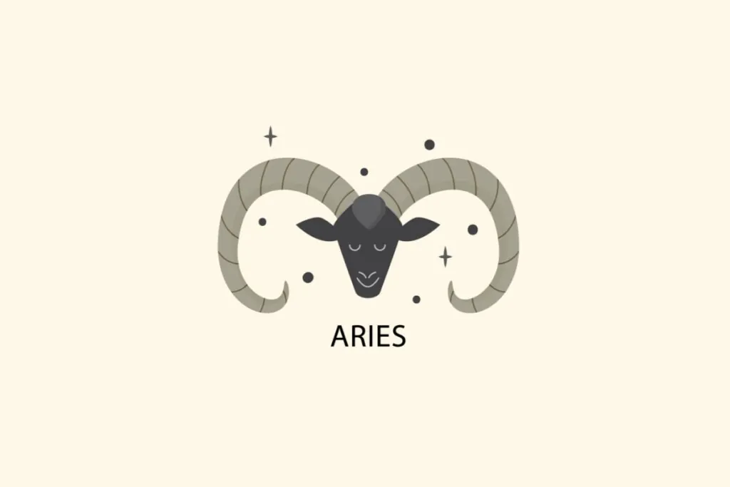 Ilustração do signo de Áries, em fundo bege-claro, contendo a cabeça de um carneiro preto com longos chifres cinza curvados