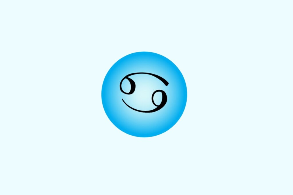 Ilustração do signo de Câncer contendo o símbolo com dois traços curvos opostos, semelhantes ao número 69 deitado, em fundo azul-claro
