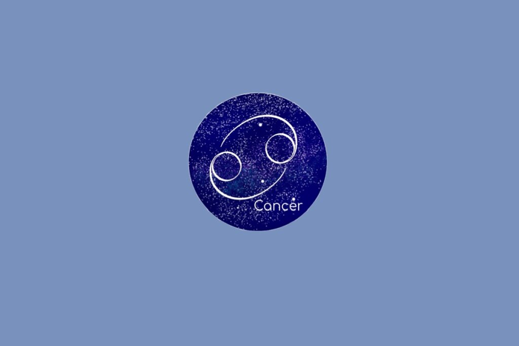 Ilustração do signo de Câncer contendo o símbolo com dois círculos interligados por curvas opostas em fundo azul