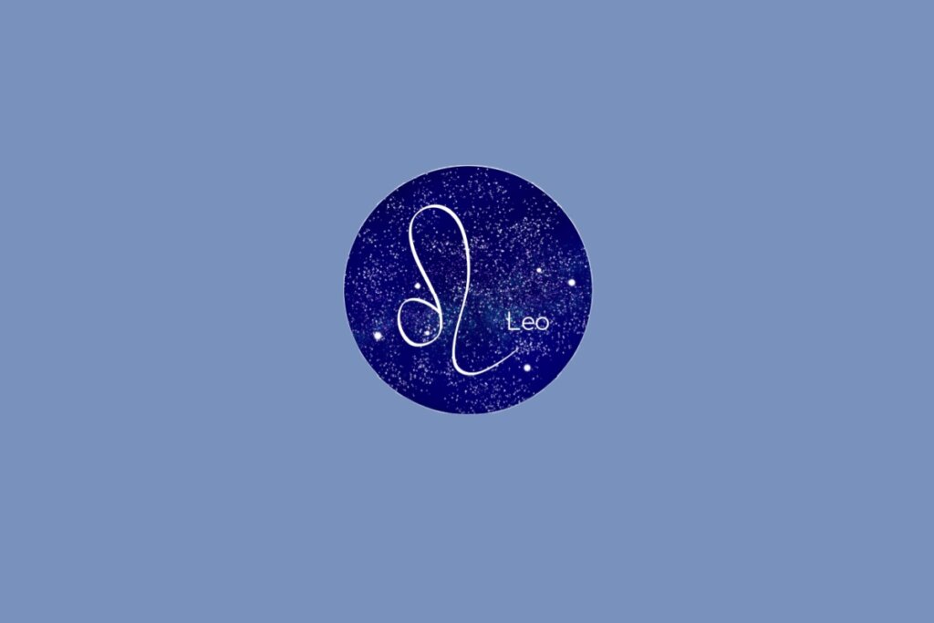 Ilustração do signo de Leão contendo o símbolo curvo que remete à juba e à cauda de um leão em fundo azul