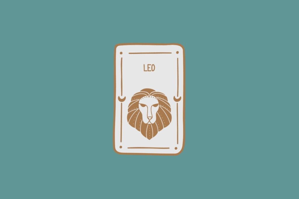 Ilustração do signo de Leão, em fundo verde-azulado, contendo a cabeça de um leão com juba estilizada em camadas