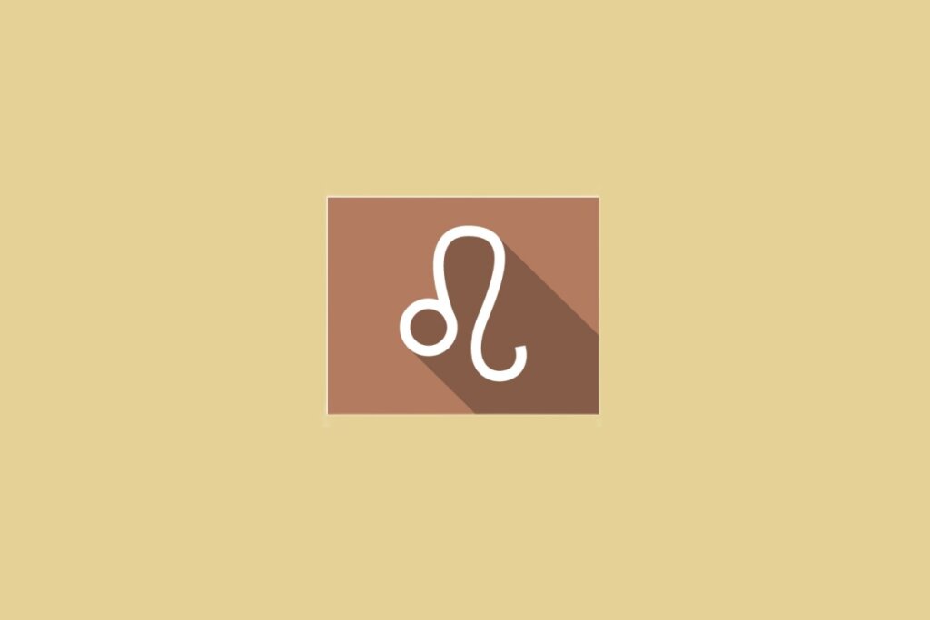 Ilustração do signo de Leão, dentro de um quadrado marrom, em fundo amarelo-mostarda, com símbolo que lembra uma curva sinuosa com um círculo em uma das extremidades