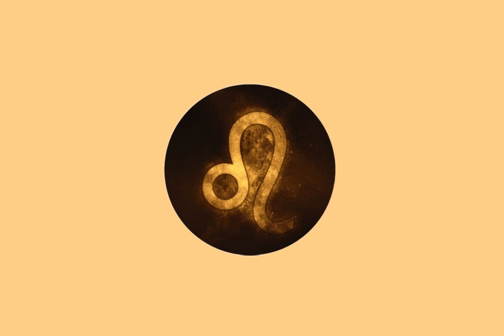 Ilustração do signo de Leão contendo o símbolo curvo de círculo com um "rabo" em fundo amarelado