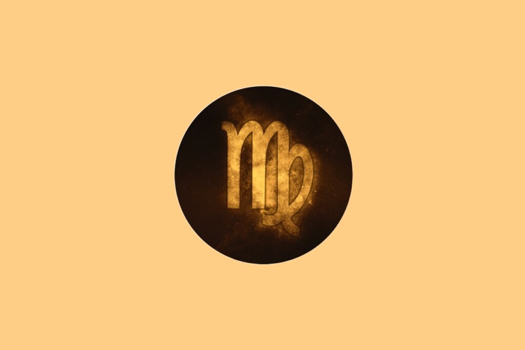 Ilustração do signo de Virgem contendo o símbolo em forma de “M” com traço final curvado em fundo amarelado