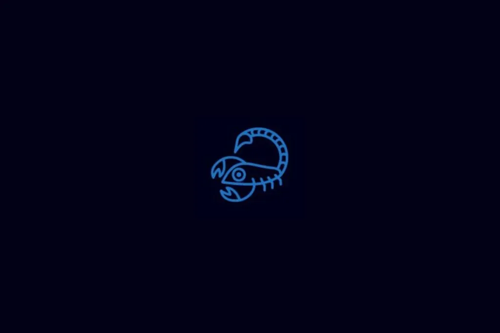 ilustração de um escorpião azul representando o signo de escorpião sobre fundo azul-escuro