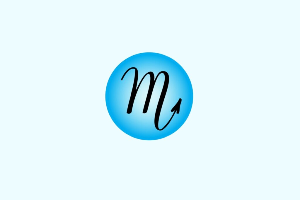 Ilustração do signo de Escorpião contendo o símbolo semelhante à letra “m” com seta na extremidade direita, em fundo azul-claro