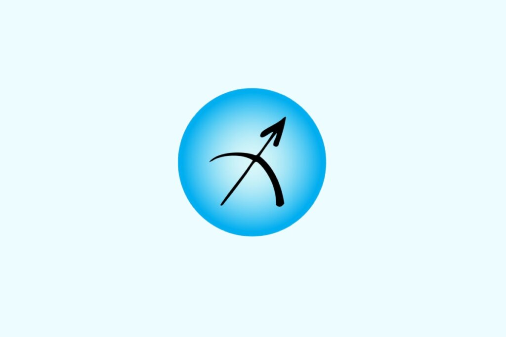 Ilustração do signo de Sagitário contendo o símbolo de uma seta inclinada para cima à direita, cruzada por um traço curvo, em fundo azul-claro