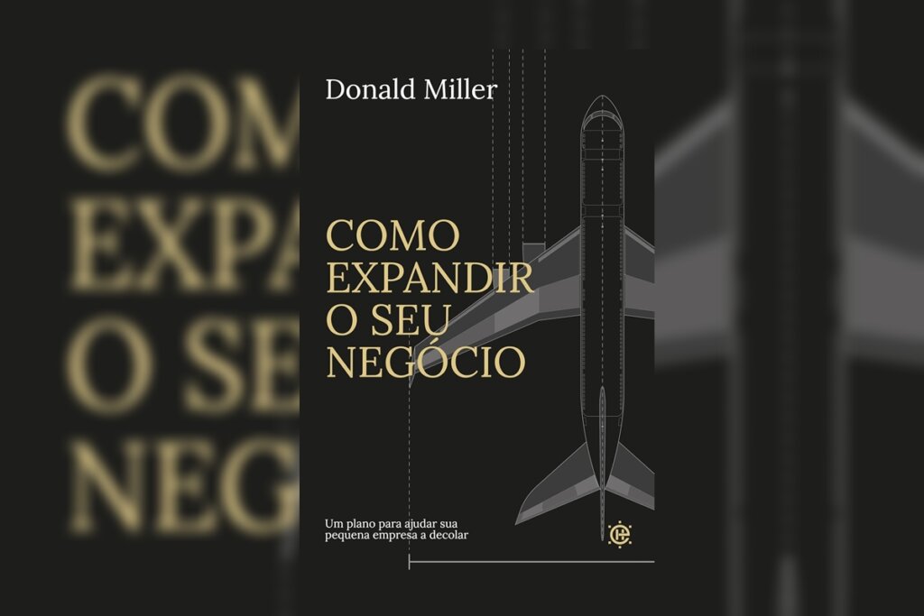 Capa do livro "Como expandir o seu negócio", com o nome em dourado do lado esquerdo e sobre um fundo preto. Do lado oposto, a ilustração de um avião