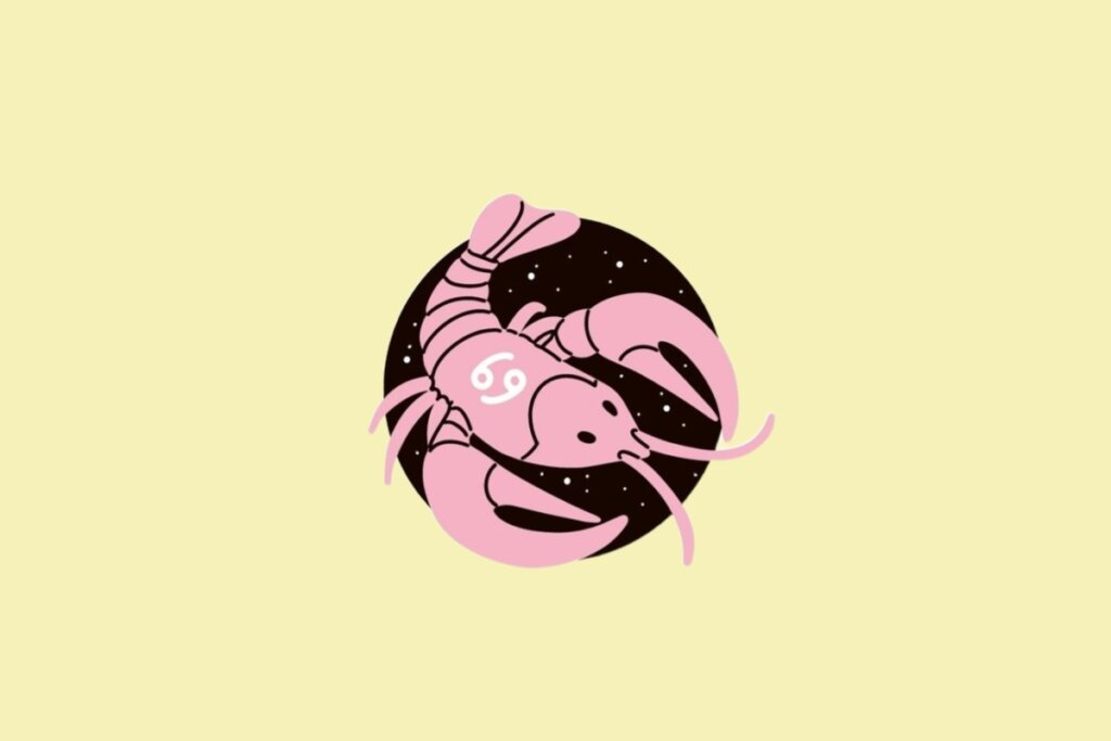Ilustração do signo de Câncer, com um caranguejo rosa estilizado que traz o símbolo do signo desenhado em seu casco, sobre um fundo circular estrelado