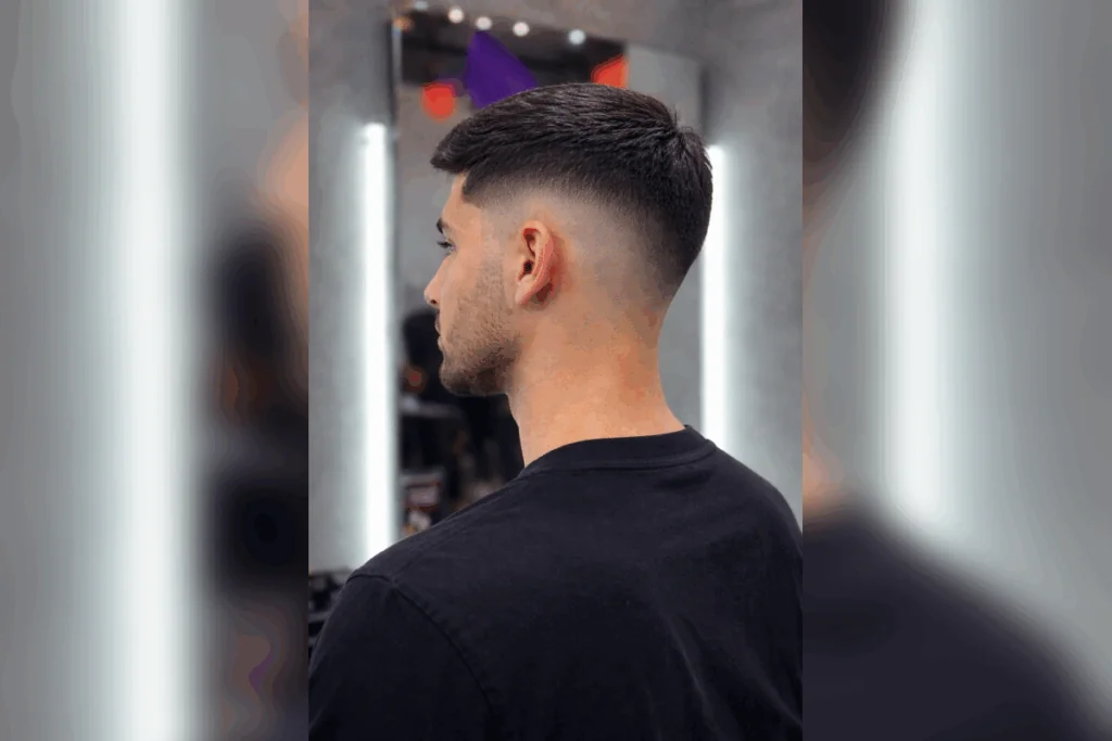 Homem visto de perfil e costas com corte degradê tradicional, laterais em transição suave e topo curto