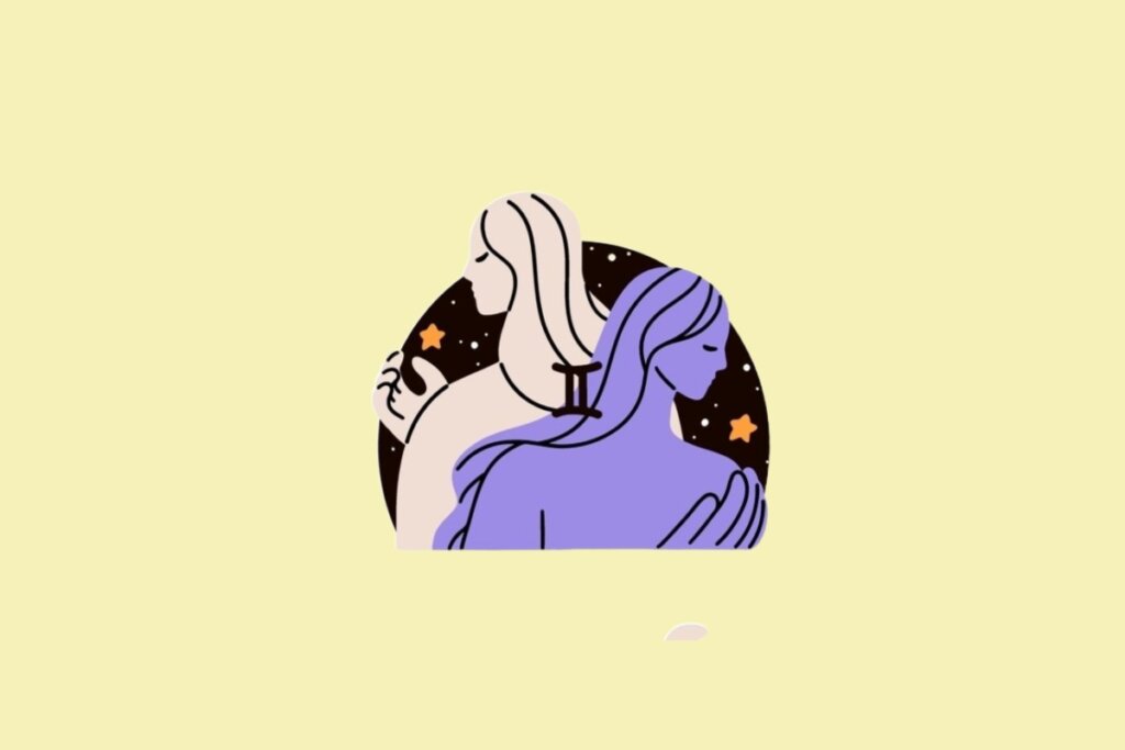 Ilustração do signo de Gêmeos, mostrando duas figuras femininas (uma bege e uma roxa) de costas uma para a outra