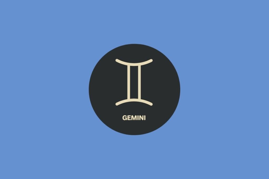 Círculo preto com ilustração bege do nome e símbolo do signo de gêmeos sobre fundo azul