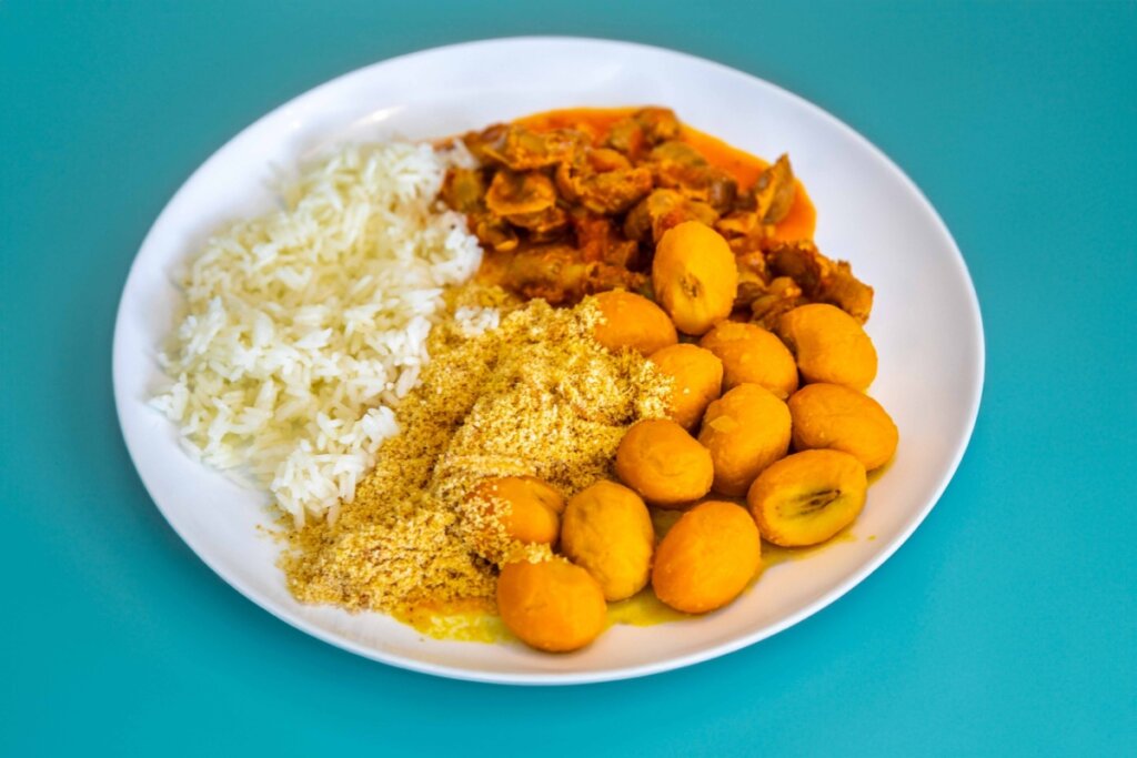 Prato com arroz branco, moela de frango ao molho, farofa e pequis inteiros sobre fundo azul
