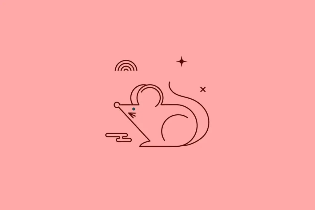 Ilustração minimalista em linhas marrons de um rato de perfil com uma cauda longa e curvada, sobre um fundo rosa suave. O design inclui detalhes simples como um pequeno ponto azul no olho e elementos flutuantes como uma estrela, um "X" e uma nuvem estilizada.