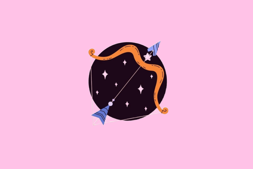 Ilustração de um arco e flecha estilizados sobrepostos a um círculo escuro com pequenas estrelas brancas. O arco é de cor laranja ondulada e a flecha possui ponta e penas em tons de azul e roxo