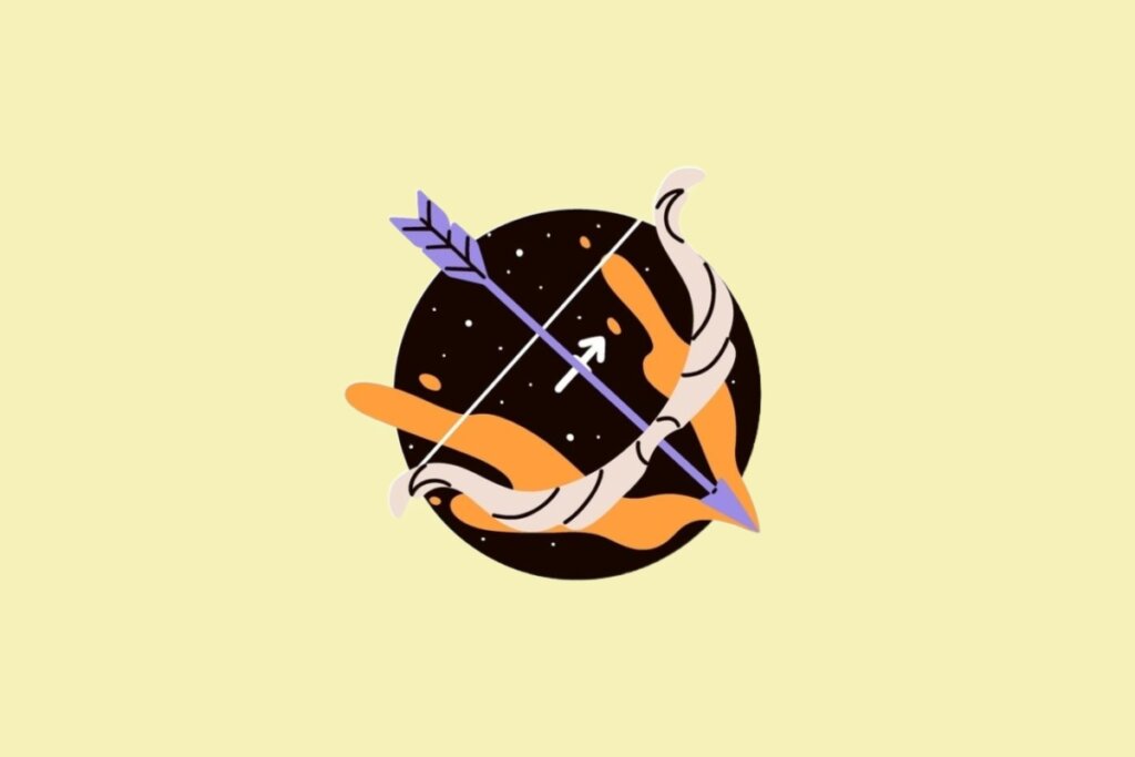 Ilustração do signo de Sagitário, mostrando um arco e flecha em tons de roxo e bege sobre formas abstratas laranjas e um fundo circular estrelado