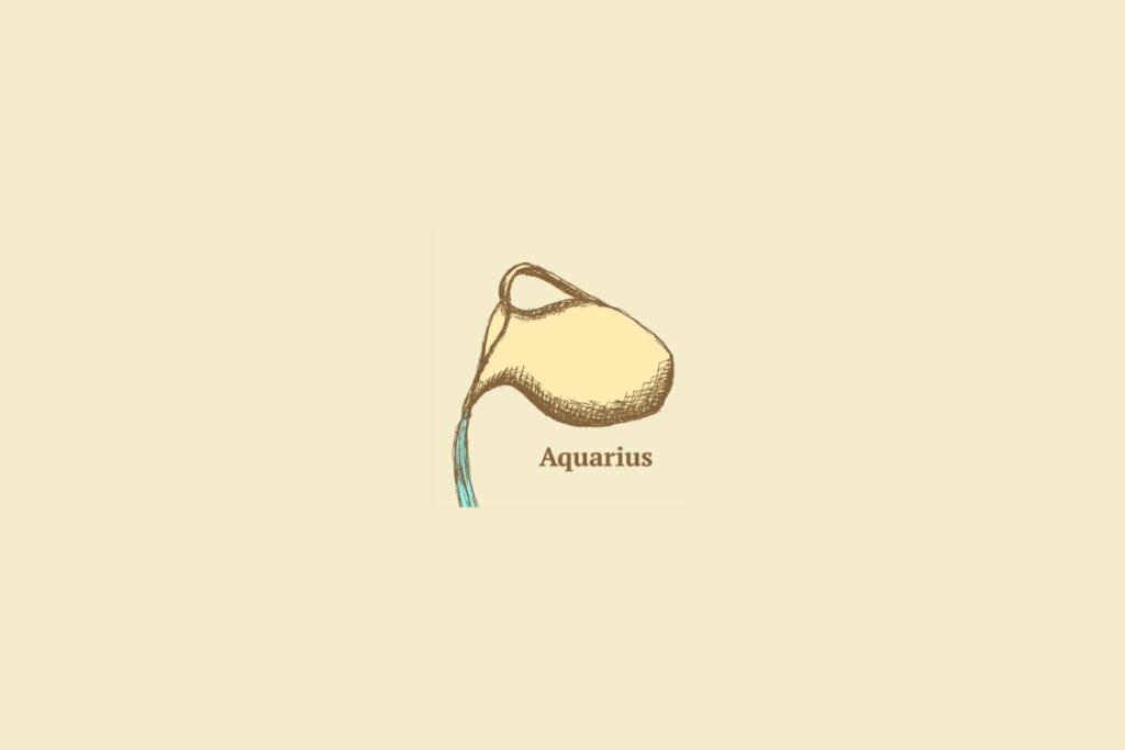 Ilustração do signo de aquário centralizado, com o nome do signo embaixo, em um fundo amarelo