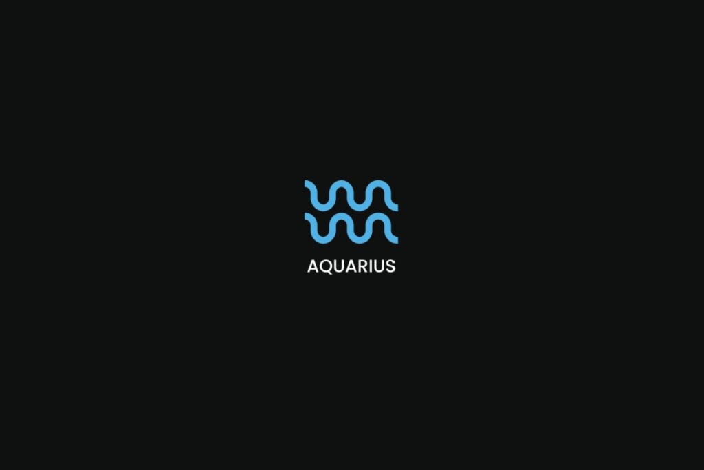 Símbolo do signo de aquário na cor azul, com o nome do signo embaixo, centralizado em um fundo preto