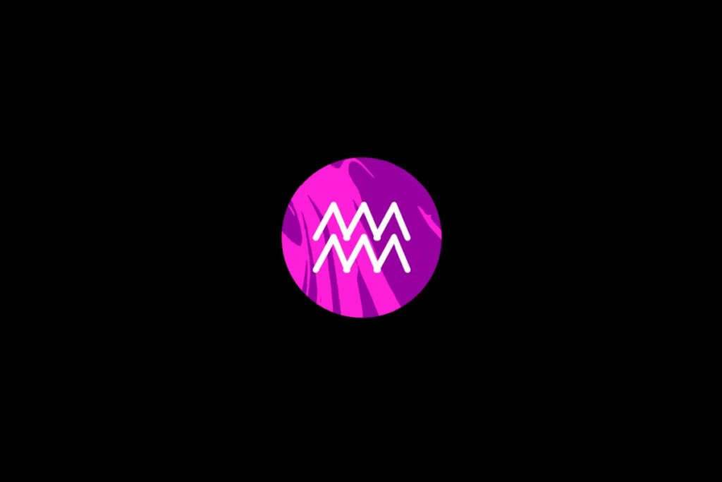 Ilustração do signo de aquário, dentro de um círculo rosa, sobre um fundo preto