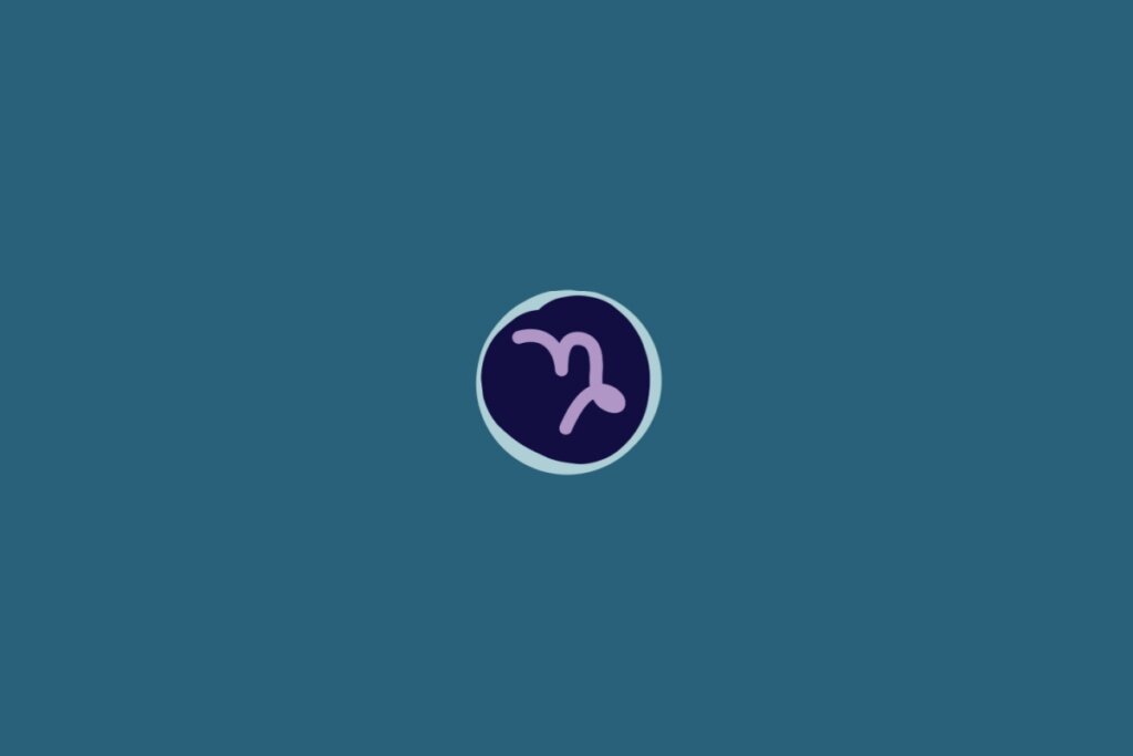 Ilustração do signo de Capricórnio, na cor roxa, em um círculo azul-escuro com borda azul-claro, sobre um fundo verde