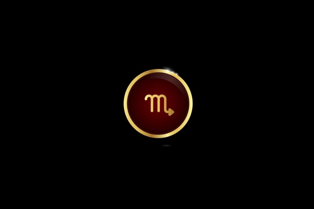 Ilustração do signo de escorpião dentro de um círculo dourado, iluminado com uma luz vermelha, em um fundo preto
