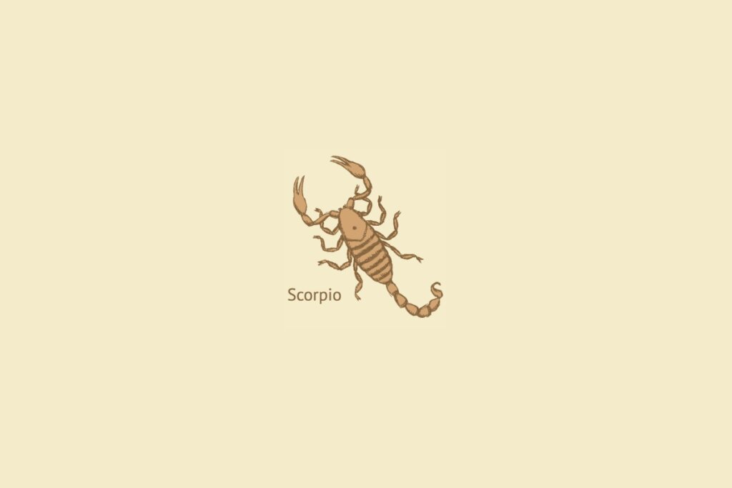 Ilustração do signo de escorpião centralizado, com o nome do signo embaixo, em um fundo amarelo