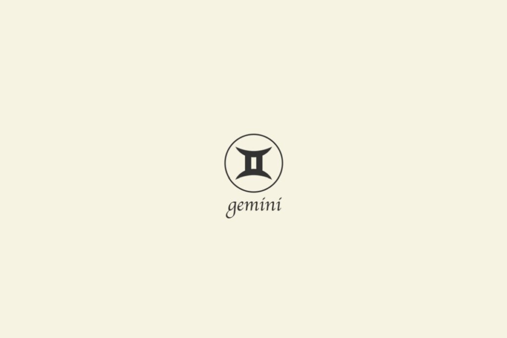 Ilustração do signo de gêmeos na cor preta, com um círculo em volta e o nome abaixo, sobre um fundo cinza