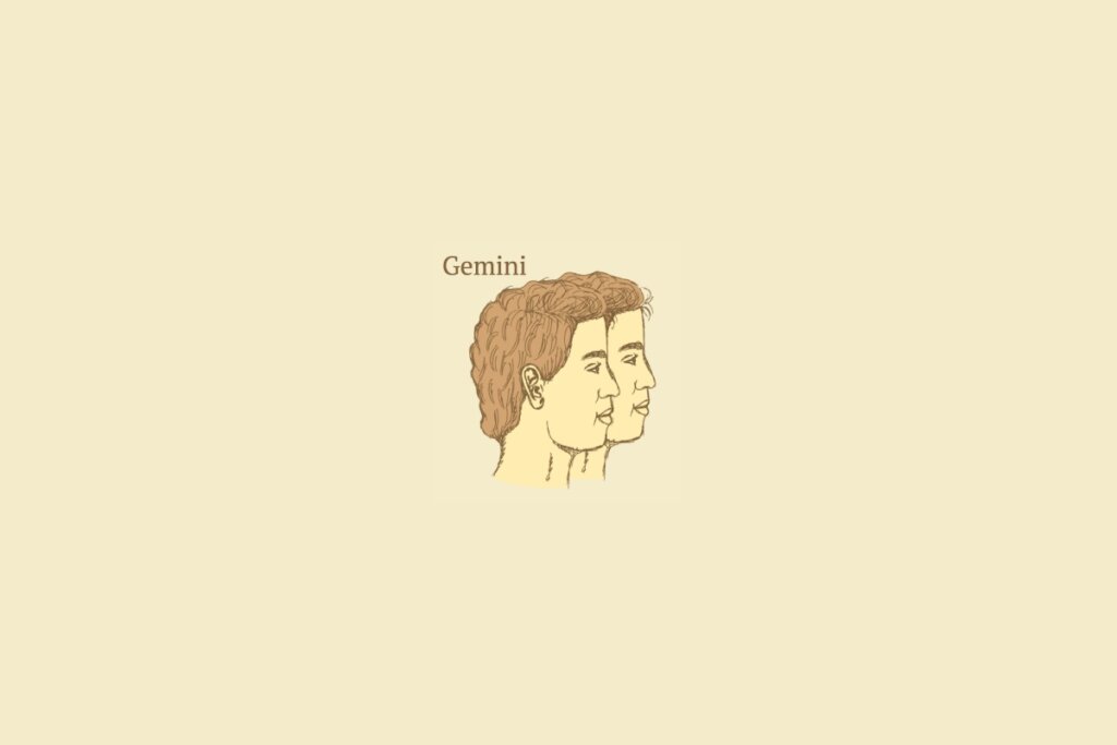 Ilustração do signo de gêmeos centralizado, com o nome do signo embaixo, em um fundo amarelo