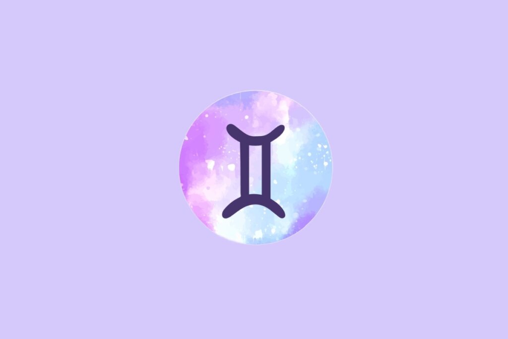 Imagem do signo de Gêmeos, com um símbolo composto por duas linhas verticais paralelas ligadas por pequenos traços,  centralizado em um fundo em tons suaves de roxo e azul