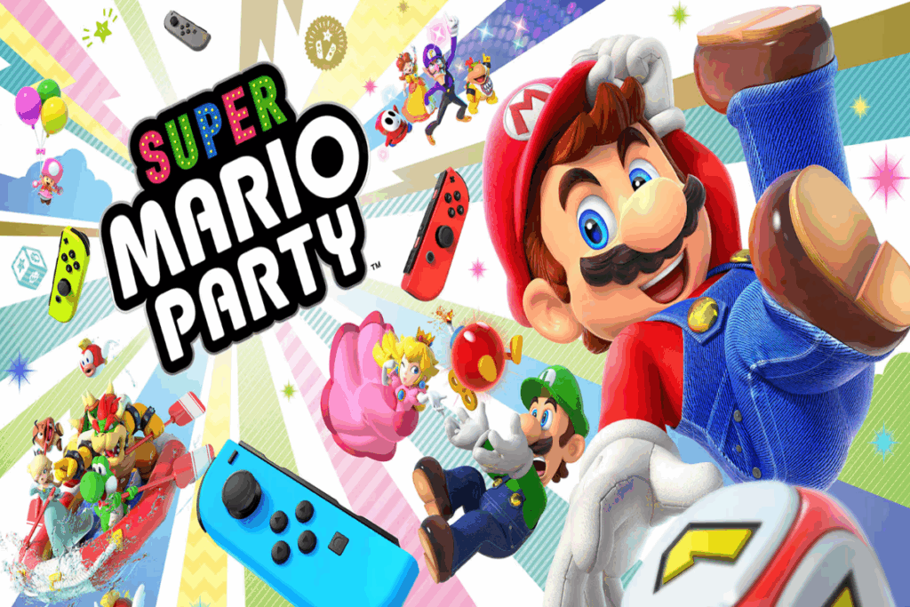 Ilustração dos personagens de Super Mario rodando em uma espiral colorida e está escrito o nome do jogo Super Mario Party em letras coloridas e preto e branco