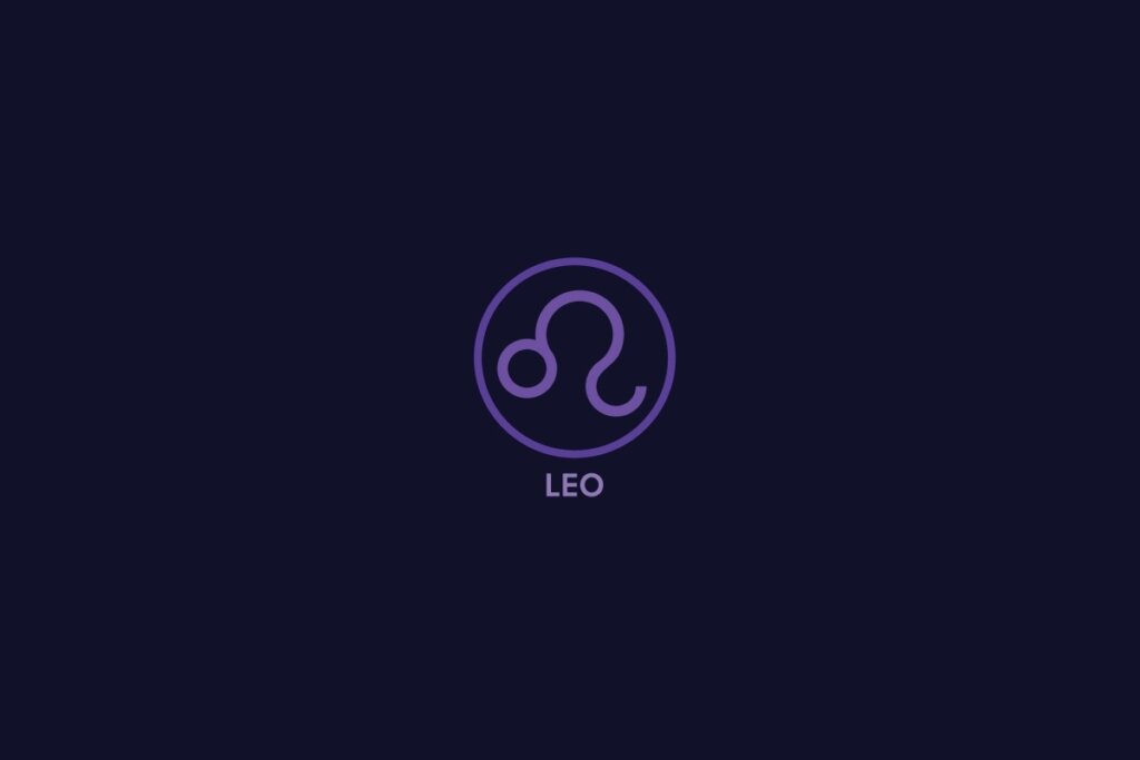 Ilustração do signo de leão na cor roxa, com círculo roxo ao redor e o nome do signo abaixo, sobre um fundo roxo