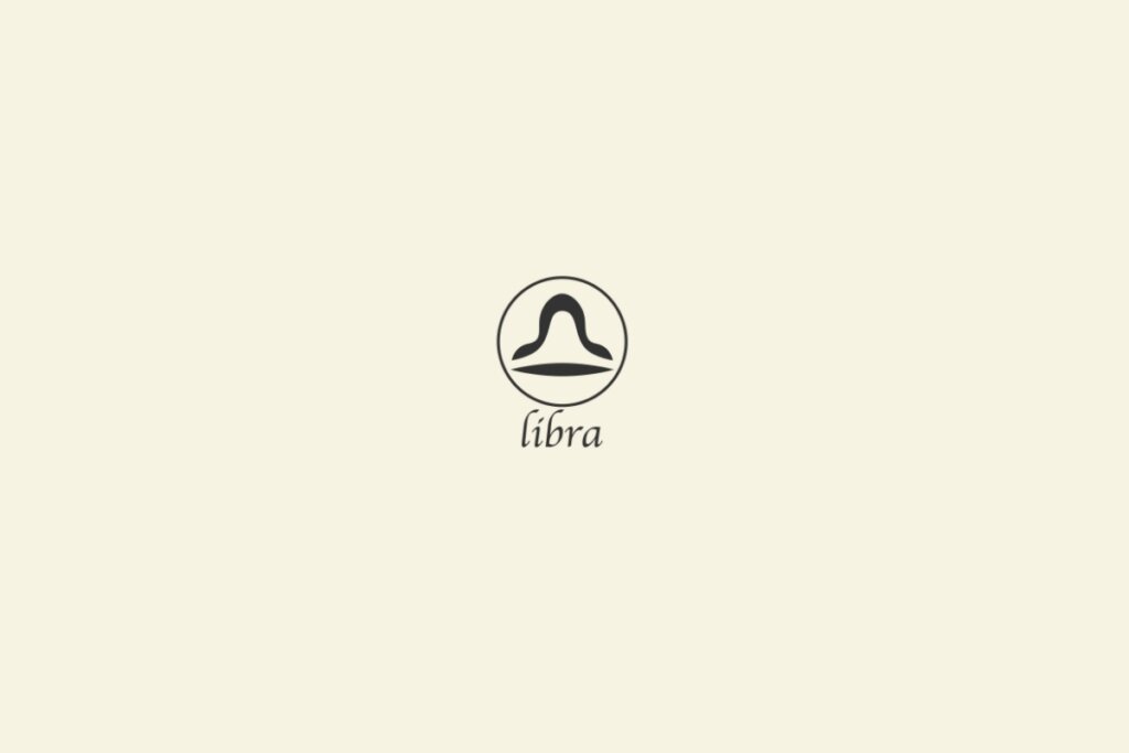 Ilustração do signo de libra na cor preta, com um círculo em volta e o nome abaixo, sobre um fundo cinza