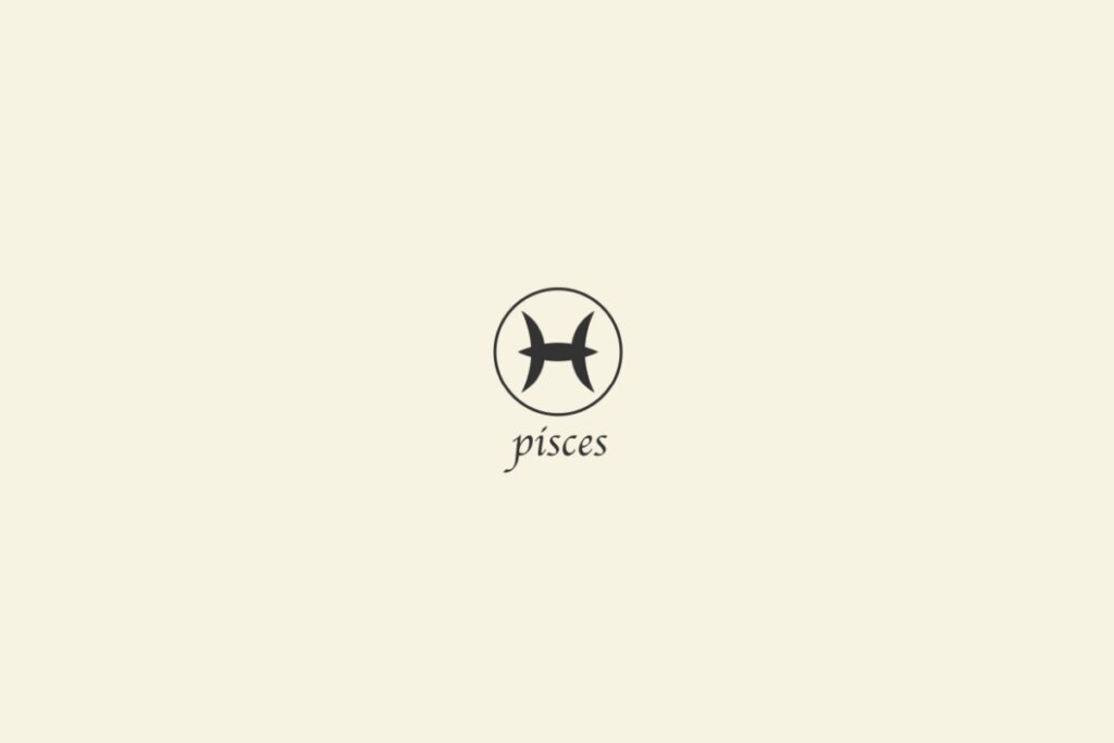 Ilustração do signo de peixes na cor preta, com um círculo em volta e o nome abaixo, sobre um fundo cinza