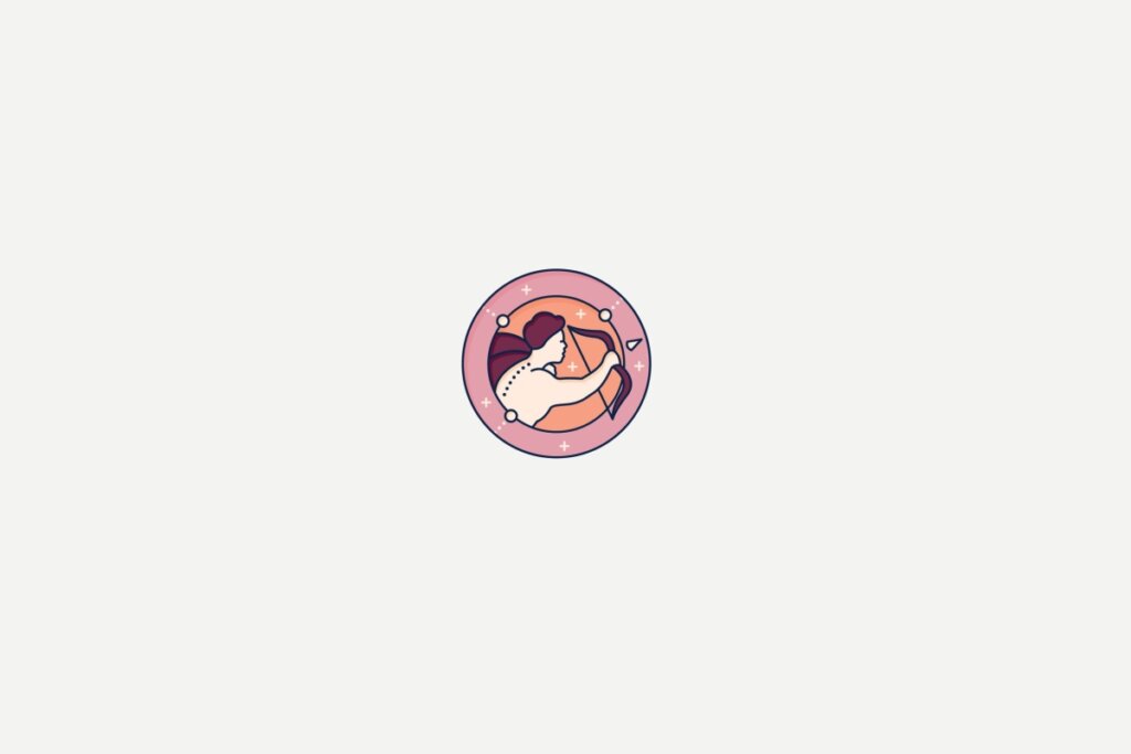 Ilustração de um homem segurando arco e flecha dentro de um círculo rosa representando o signo de sagitário sobre fundo cinza