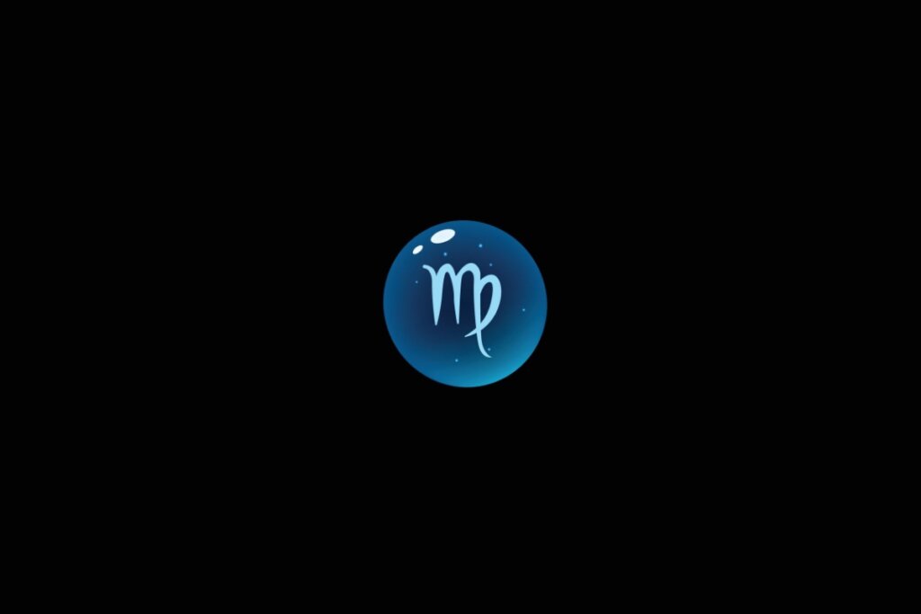 Ilustração do signo de virgem dentro de uma bolha azul sobre um fundo preto